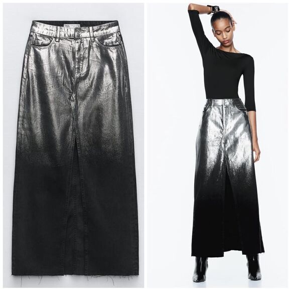 ZARA LONG FOIL DENIM SKIRT - Picture 1 of 9